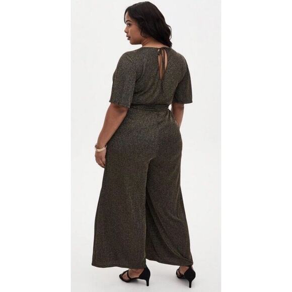 Torrid Shimmer Surplice Neck Wide Leg Jumpsuit Black Gold 4X Tie Waist Pockets - Picture 7 of 14